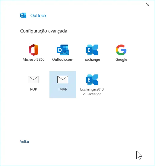 Tela Configuração avançada do Outlook com os tipos de conta, IMAP selecionado