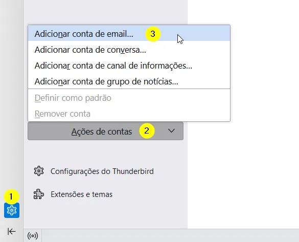 Menu Ações de contas do Thunderbird com a opção Adicionar conta de email
