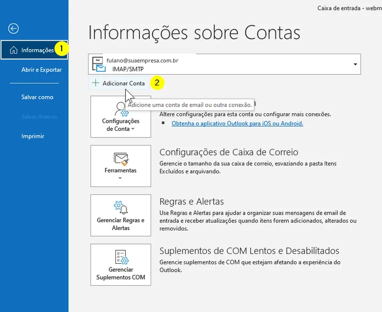 Outlook na tela Informações sobre Contas, com o botão Adicionar Conta destacado