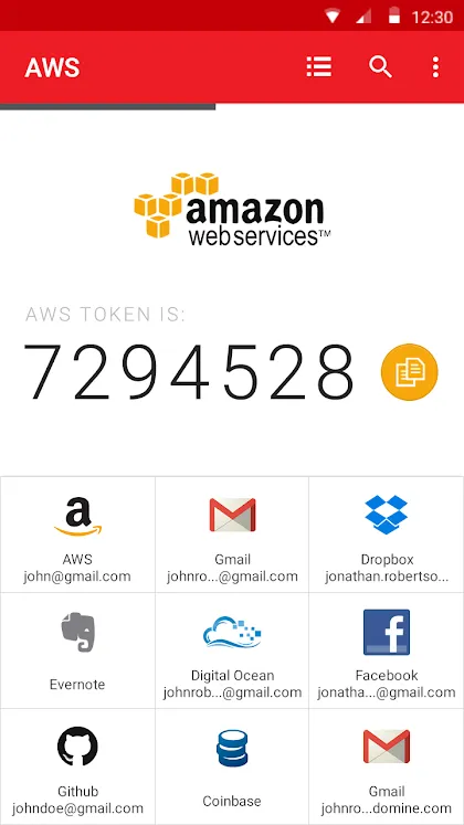 Authy app showing the verification code for an AWS account and the list of saved accounts