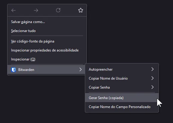 Browser context menu with the Bitwarden, Generate password option