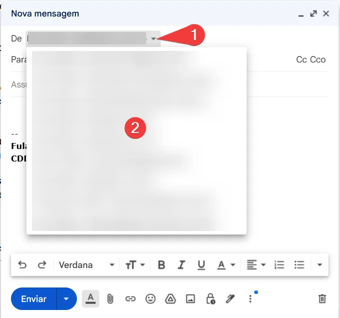 Nova mensagem no Gmail com a lista de remetentes aberta no campo De
