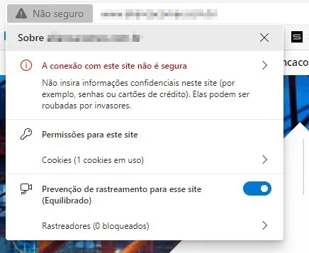 Edge browser panel warning that the connection to the site isn't secure