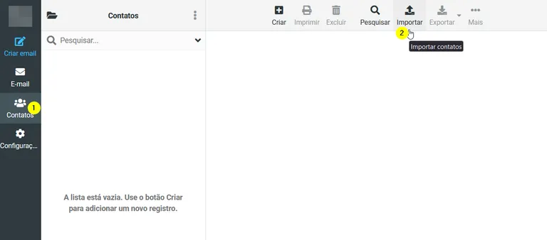 Webmail na seção Contatos, com o botão Importar destacado
