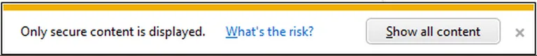 Internet Explorer warning bar: Only secure content is displayed, with the Show all content button