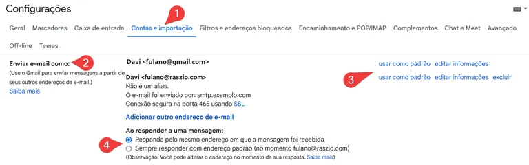 Seção Enviar e-mail como, com a opção Usar como padrão ao lado do e-mail corporativo
