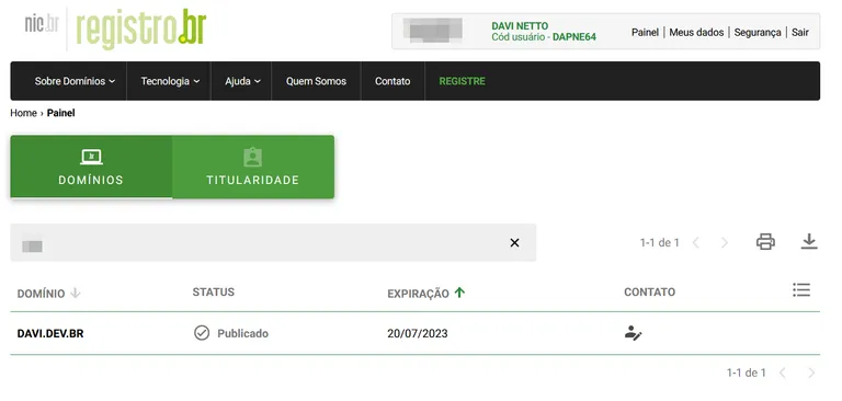 Painel do registro.br com a lista de domínios