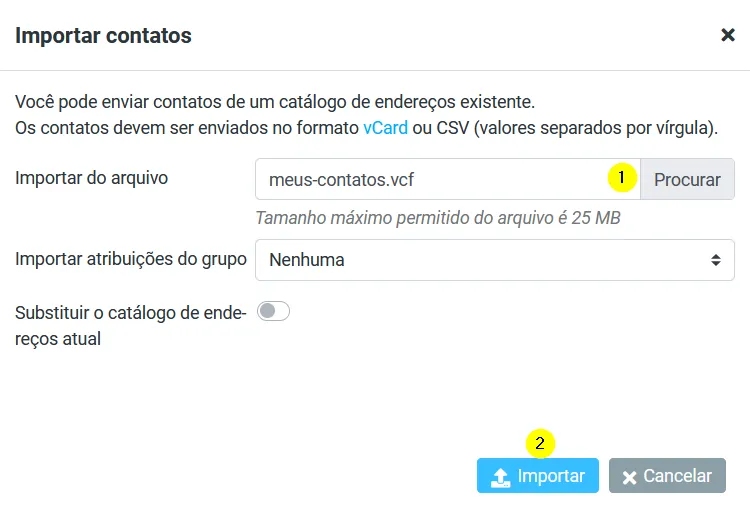 Janela Importar contatos do Webmail com o arquivo .vcf escolhido e o botão Importar