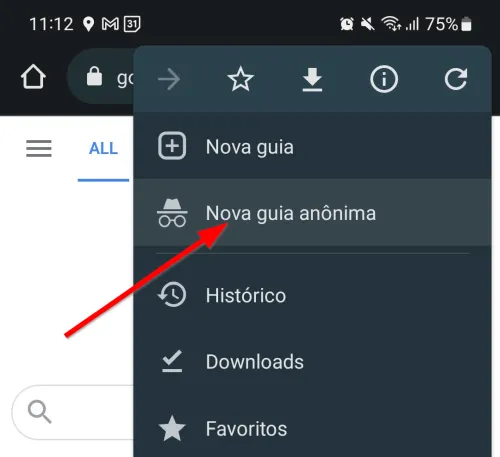Menu do Chrome no Android com a opção Nova guia anônima