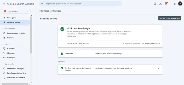 Inspeção de URL no Google Search Console informando que o URL está no Google
