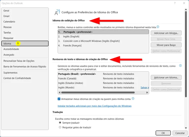 Opções do Outlook na seção Idioma, com Idioma de exibição e Revisores de texto destacados