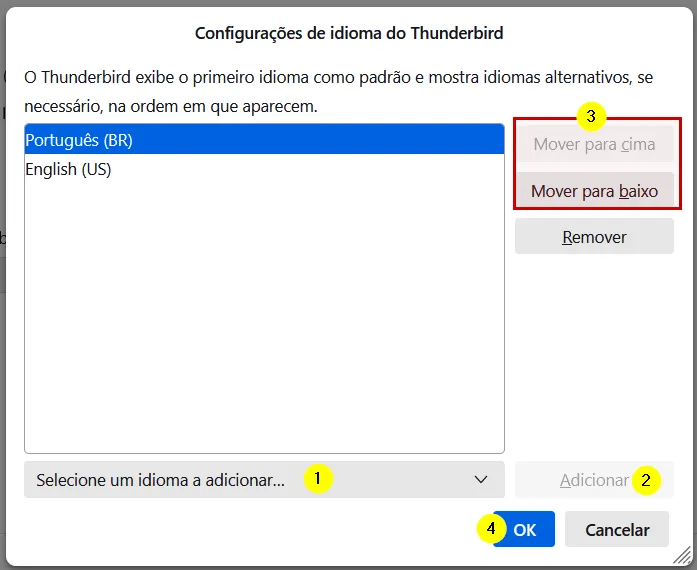 Janela de idiomas do Thunderbird com os botões Mover para cima, Mover para baixo e Adicionar
