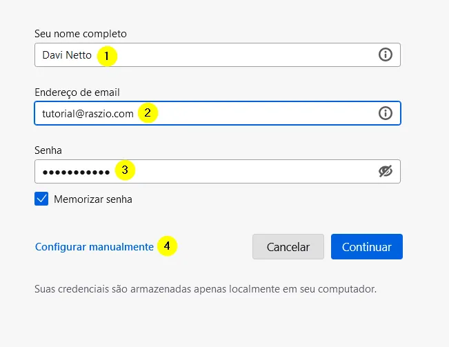 Tela do Thunderbird com nome, endereço de e-mail, senha e o link Configurar manualmente
