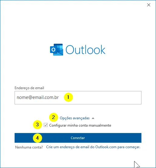 Tela de login do Outlook com Opções avançadas e Configurar minha conta manualmente marcados