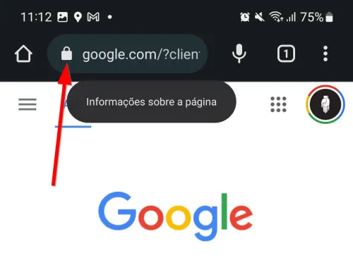 Chrome no Android com o ícone de informações da página, à esquerda do endereço, destacado
