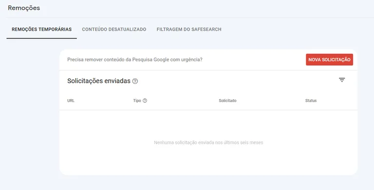Tela Remoções com o botão Nova solicitação e a lista de solicitações enviadas vazia
