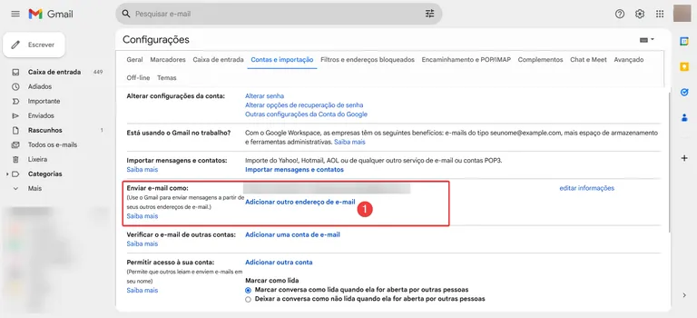 Configurações do Gmail na aba Contas e importação, com a opção Adicionar outro endereço de e-mail destacada