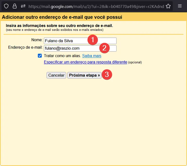 Primeira tela do Gmail para adicionar endereço: campos Nome e Endereço de e-mail