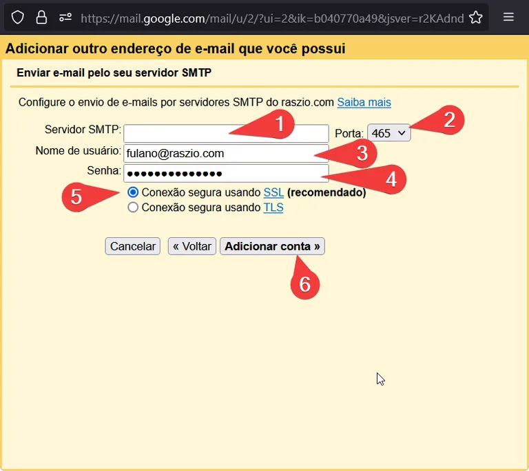 Tela do Gmail com os campos Servidor SMTP, Porta, Nome de usuário, Senha e tipo de conexão segura